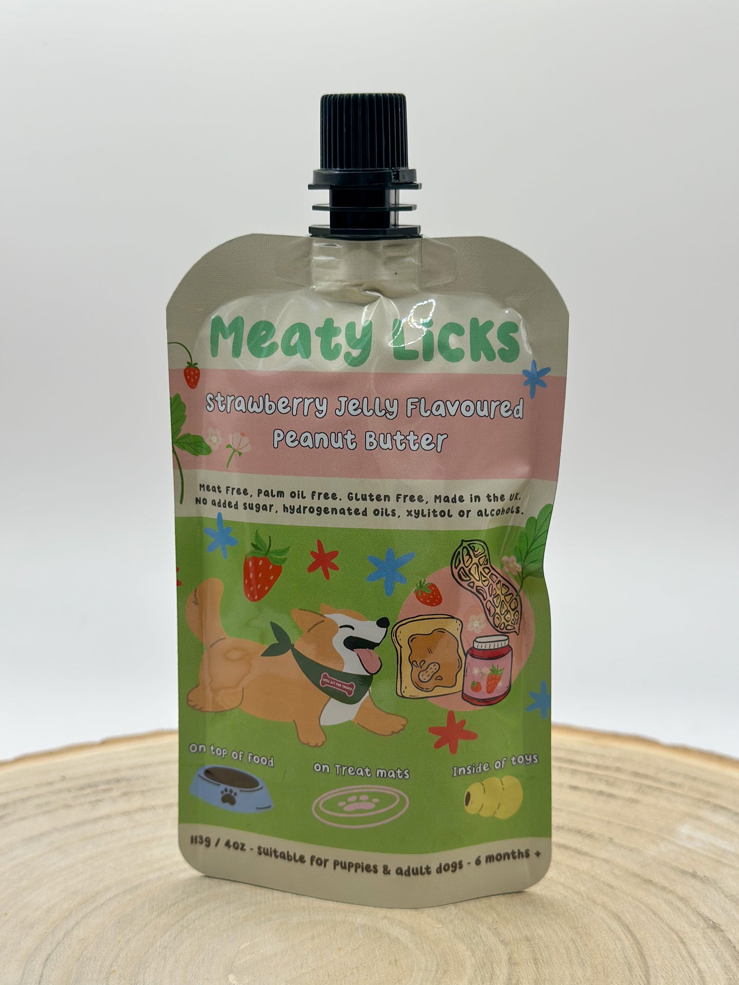 Meaty licks strawberry jelly peanut butter